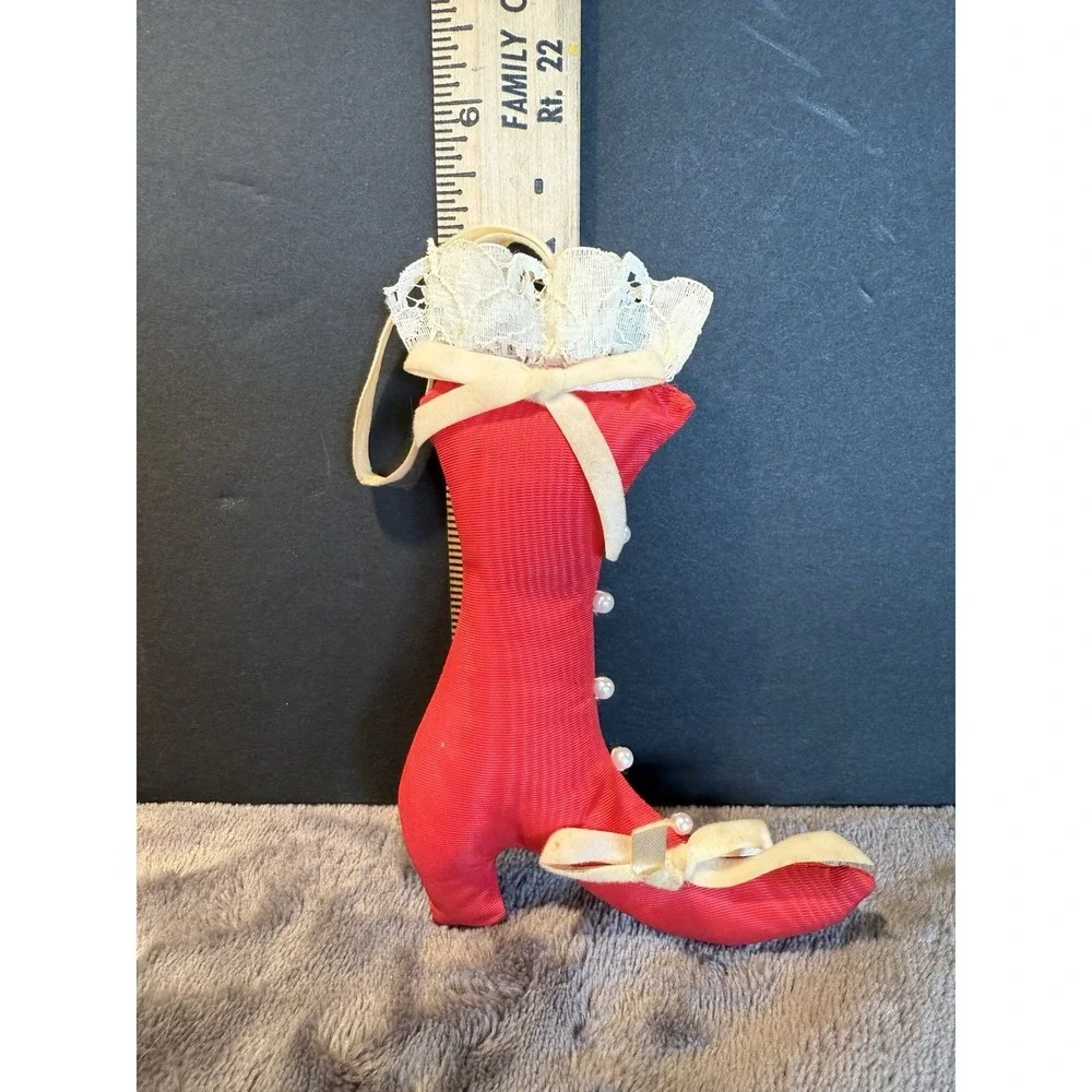 VTG 2 Victorian Red Stilettos High Heel Boot Faux Pearls Lace Christmas Ornament
